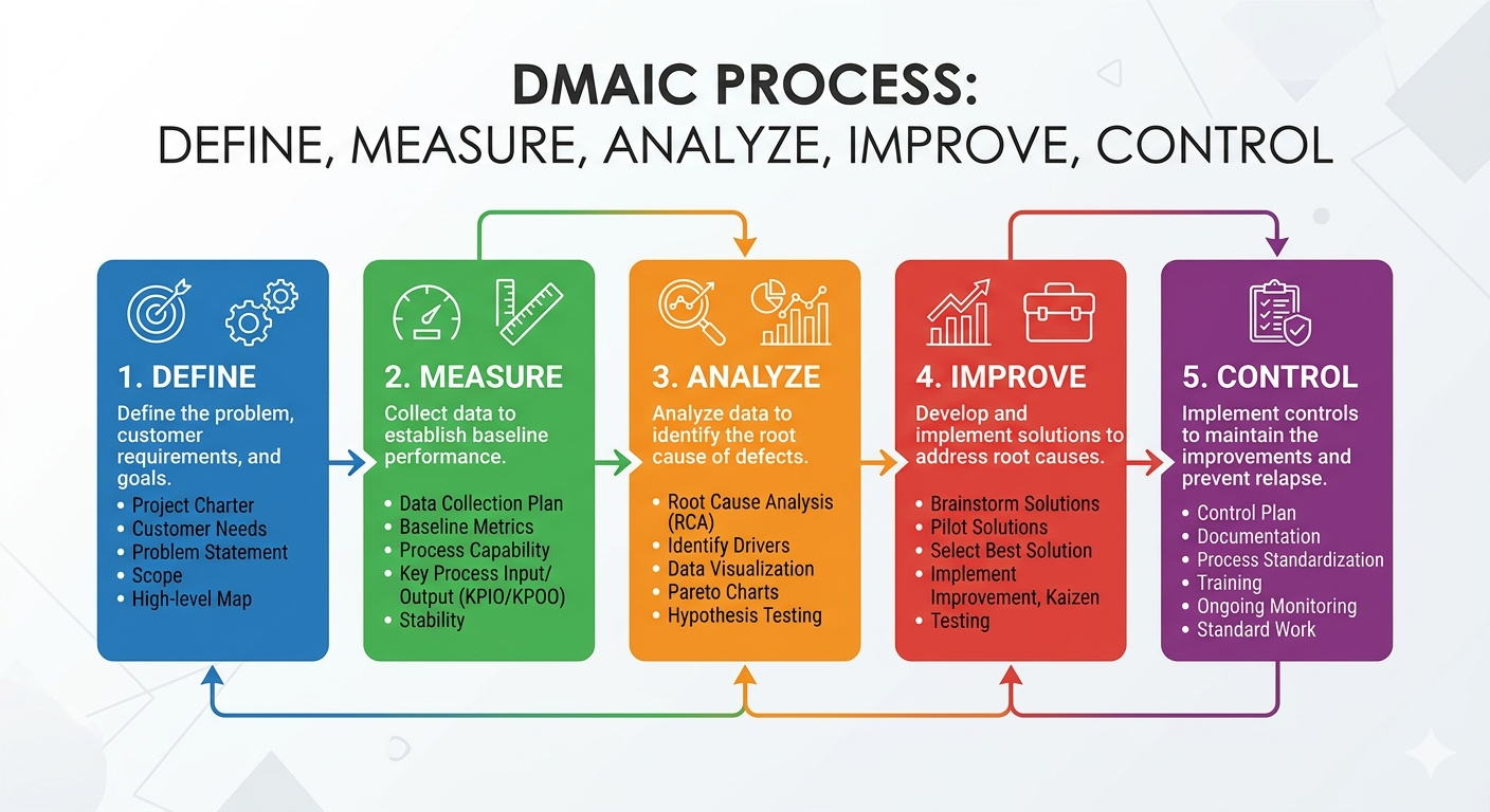 A diagram of the DMAIC process showing five sequential phases: Define, Measure, Analyze, Improve, and Control, used in Lean Six Sigma quality improvement